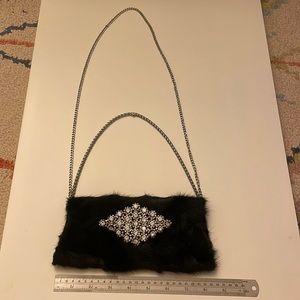Perfect party clutch. Faux fur crystal double length strap evening bag clutch